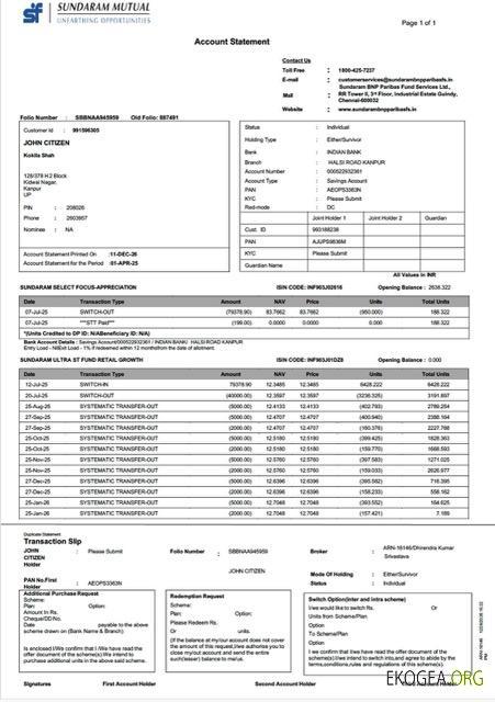 Modèle Word et PDF de relevé de compte Sundaram Mutual en Inde
